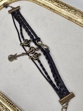 Handmade ✦ Black Leather Guitar & Treble Clef Charm Bracelet ✦ Adjustable Boho
